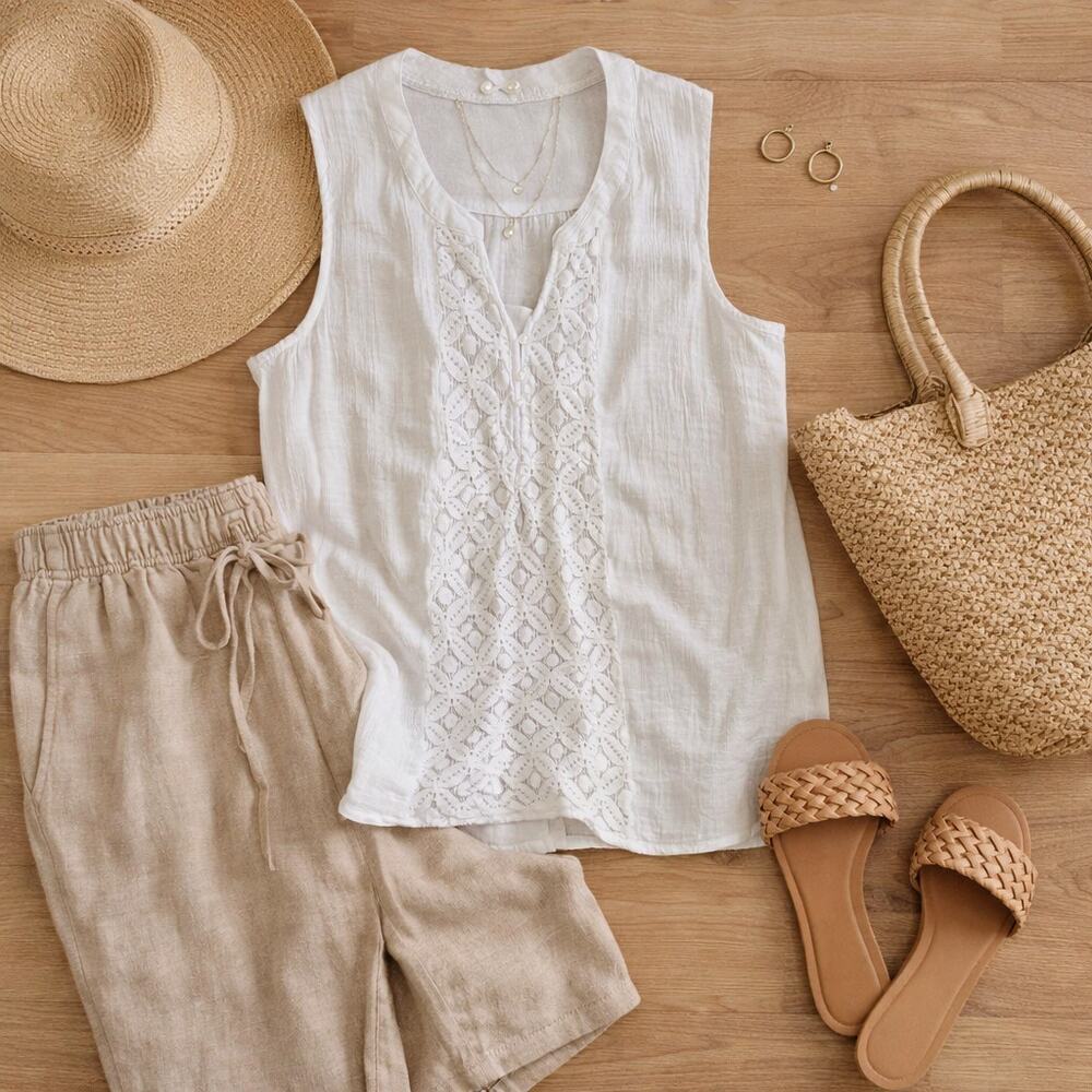 Counterparts White Sleeveless Lace Panel Blouse Linen Blend Boho Top L